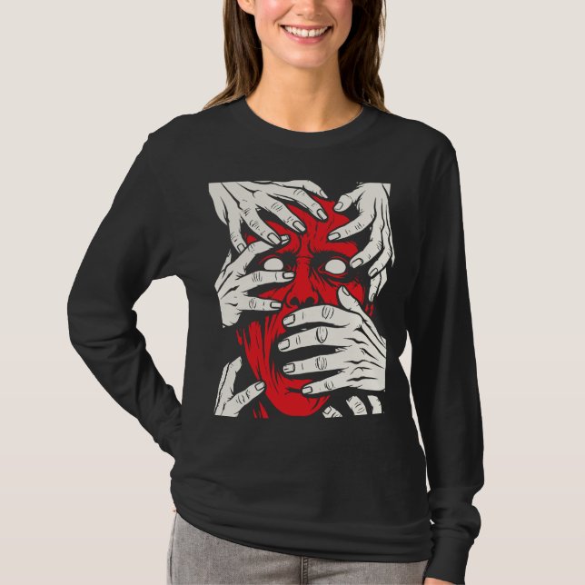 Händer som täcker ansiktet Skräck Röd Demon Konst T Shirt (Framsida)