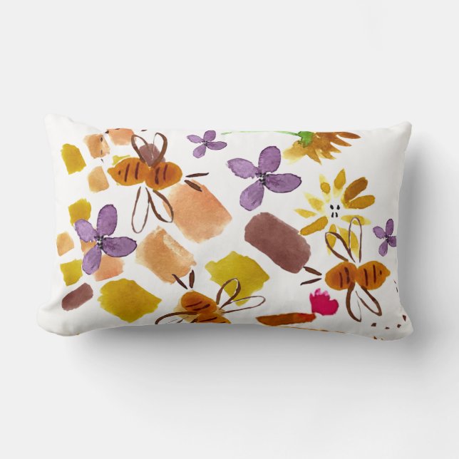 Handfärgad Gult för Blommigt Be-färgning Lumbarkudde (Framsida)