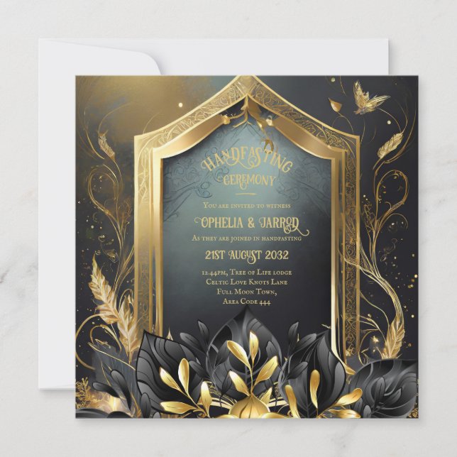 HANDFASTSTÄLLANDE INBJUDNINGAR BLACK GULD ETHEREAL (Framsida)