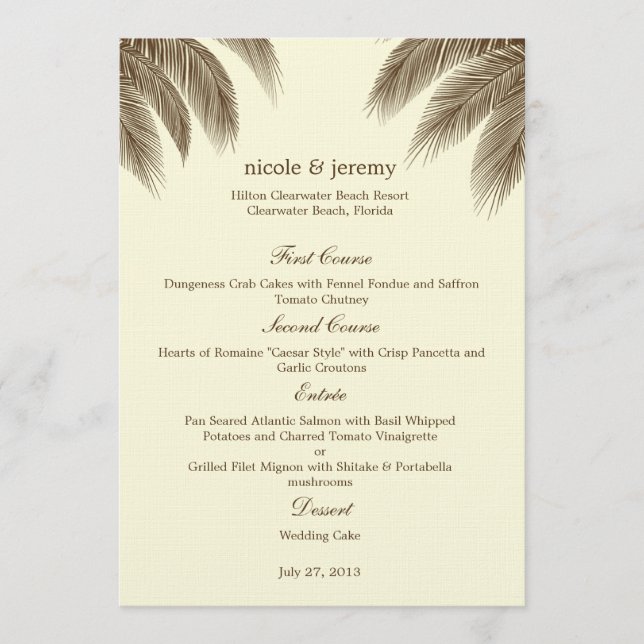 Handflatan Beach Wedding Menu Card - Brown Meny (Framsida)