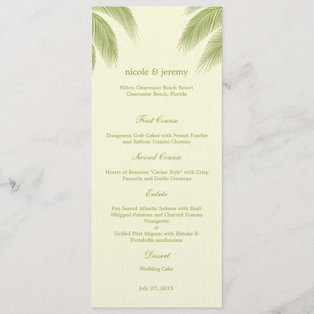 Handflatan Beach Wedding Menu Card - Grönt Meny (Framsida)