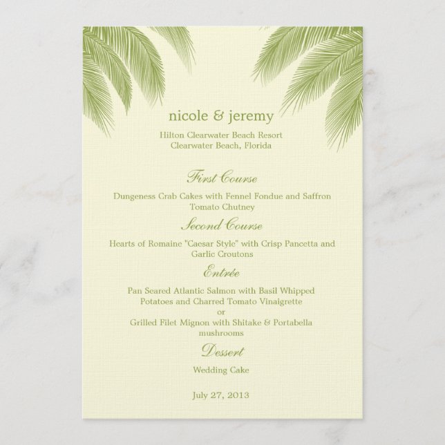 Handflatan Beach Wedding Menu Card - Grönt Meny (Framsida)