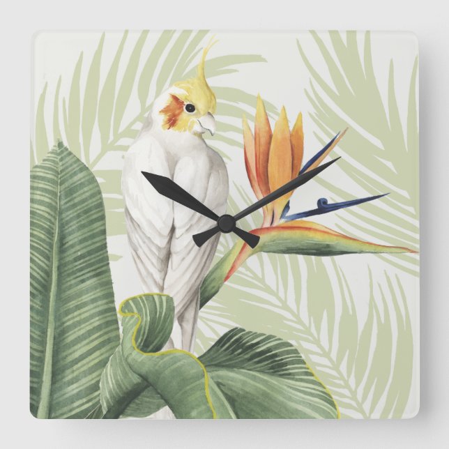 Handflatan Lämnar med vit fågel Fyrkantig Klocka (Framsida)