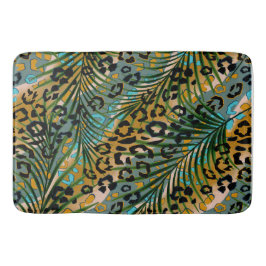 Handflatan lämnar på en leopard bakgrund. badrumsmatta