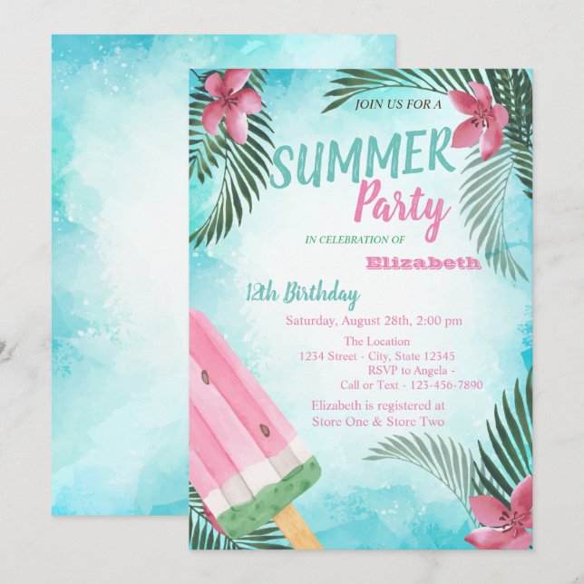 Handflatan Löv, Blommor, Glass Födelsedagsfest Inbjudningar (Fram/baksida)