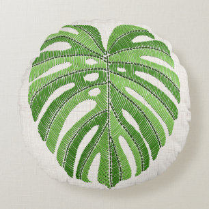 Handflatan löv broderade. Grönt Tropical Monster Rund Kudde