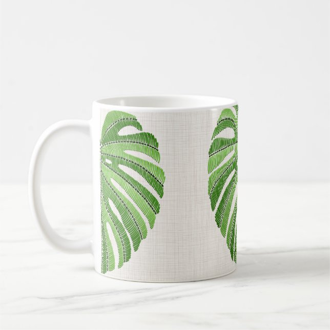 Handflatan löv broderade. Grönt Tropical Monstera  Kaffemugg (Vänster)
