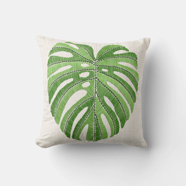 Handflatan löv broderade. Grönt Tropical Monstera  Kudde (Framsida)