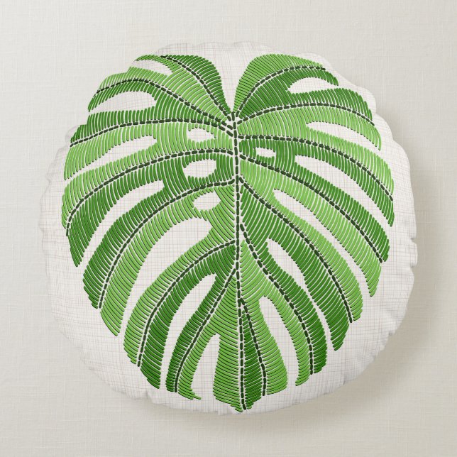 Handflatan löv broderade. Grönt Tropical Monstera  Rund Kudde (Framsidan)