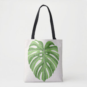 Handflatan löv broderade. Grönt Tropical Monstera  Tygkasse