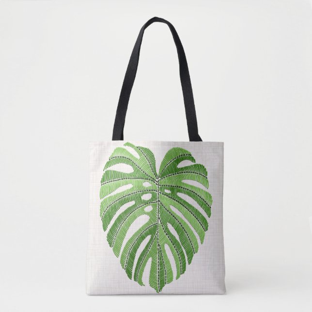Handflatan löv broderade. Grönt Tropical Monstera  Tygkasse (Framsida)