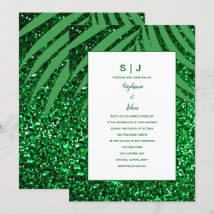 Handflatan Löv Emerald Grönt Glitter Tropical Bröl Inbjudningar