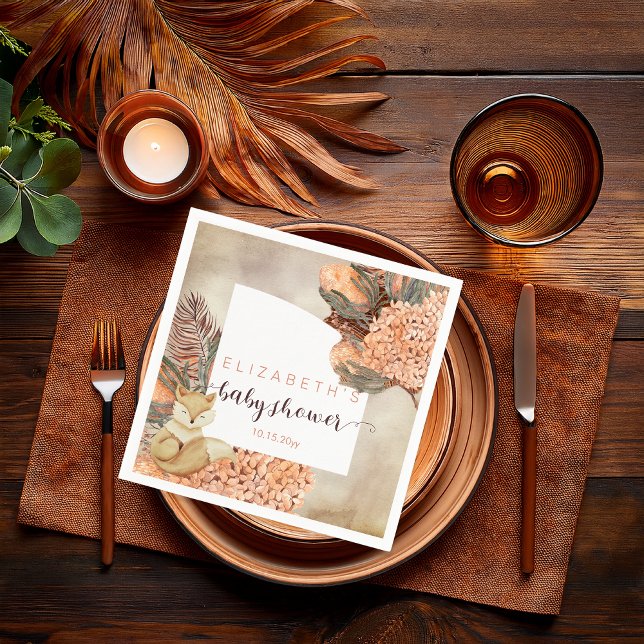 Handflatan Löv | Hydrangea Blooms Baby Shower N Pappersservett (Boho Palm Leaves and Hydrangeas Sleeping Fox Girl Baby Shower Paper Napkins)