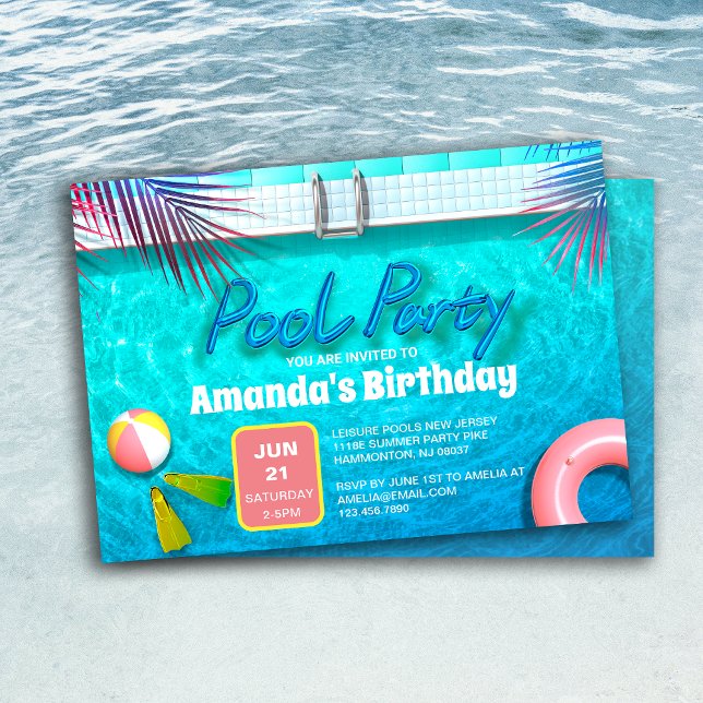Handflatan Löv och Bassäng Party Barns födelsedag Inbjudningar (Palm Leaves & Summer Pool Party Kids Birthday Invitation)
