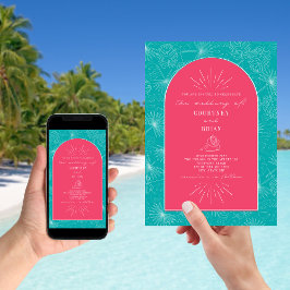 Handflatan Löv Seashell Rosa Blue Beach Wedding Inbjudningar