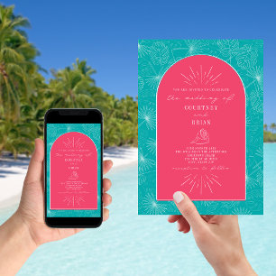 Handflatan Löv Seashell Rosa Blue Beach Wedding Inbjudningar