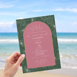 Handflatan Löv Seashell Rosa Grönt Tropical Bröllo Inbjudningar