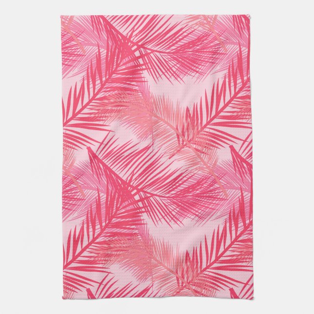 Handflatan Löv Skriv ut, Fuchsia, Koral och Pastel Kökshandduk (Vertikal)