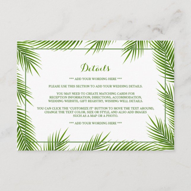 Handflatan Löv Tropical Beach Wedding Detail Tilläggskort (Framsida)