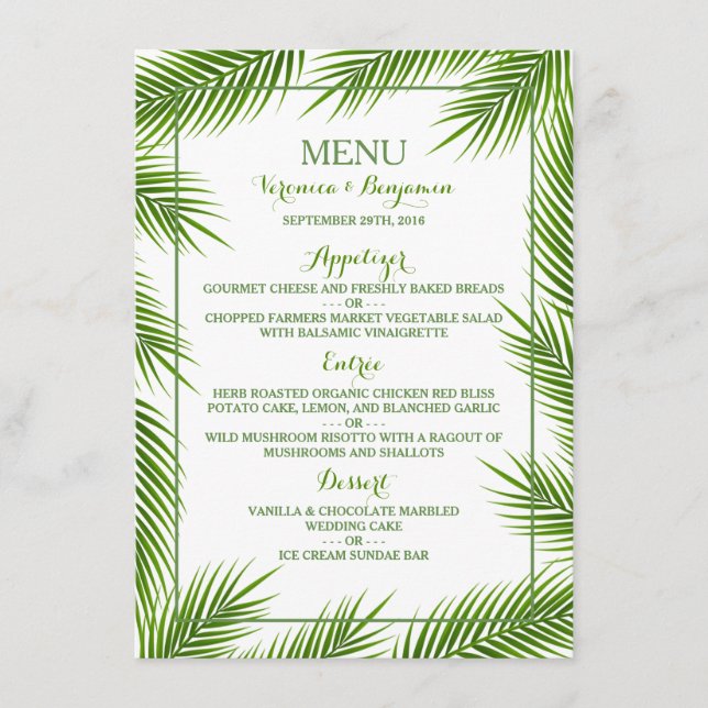 Handflatan Löv Tropical Beach Wedding Menu Meny (Framsida)