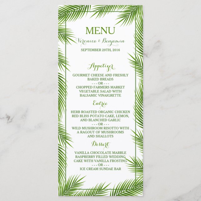 Handflatan Löv Tropical Beach Wedding Menu Meny (Framsida)