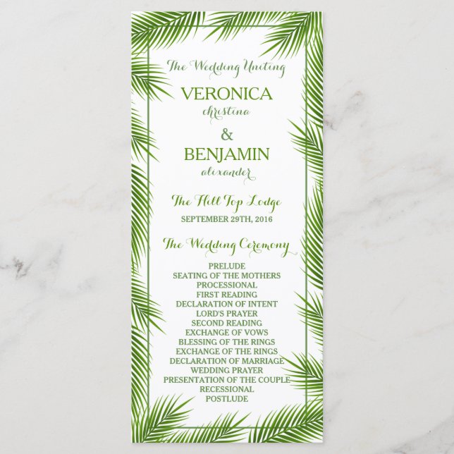 Handflatan Löv Tropical Beach Wedding Program (Framsida)