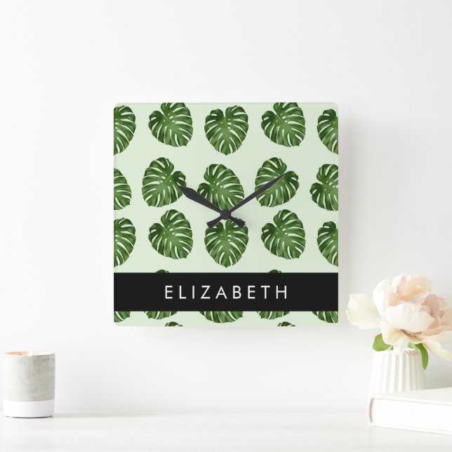 Handflatan Löv, Tropical Mönster, ditt namn Fyrkantig Klocka (Hem)