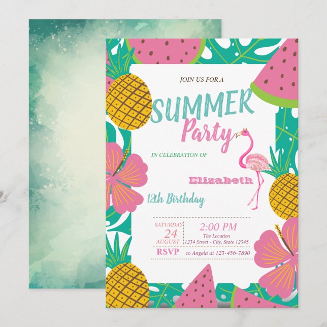 Handflatan Löv,Tropisk frukt Rosa Flamingo Birthda Inbjudningar (Fram/baksida)