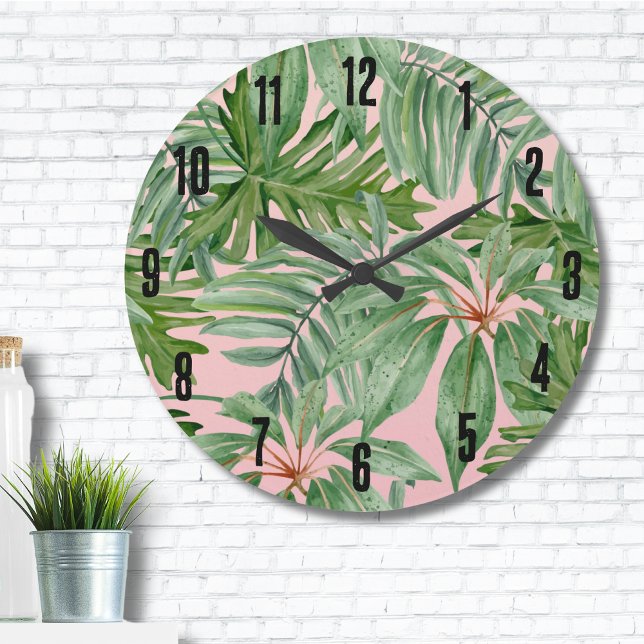 Handflatan Löv Tropiska Blommigten Stor Klocka (Simple Modern Pink Palm Leaf Tropical Floral Wall Large Clock)