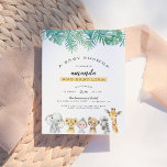 Handflatan Löv & ungle Animals Modern Baby Shower Inbjudan Vykort<br><div class="desc">Inbjudan dina vänner och din familj till denna speciella dag med denna tropiska design. Den här inbjudan har vattenfärgen handflatan och monstera löv längst upp på kortet och en hand plockade-elefant, lejon, apa, cheetah, zebra och giraffe längs grund. Anpassningsbarnas duschdetaljer visas mitten i inbjudan, med ditt namn och baby namn...</div>