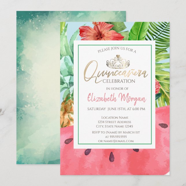 Handflatan Löv,Vattenmelon,Ananas Quinceañera Inbjudningar (Fram/baksida)