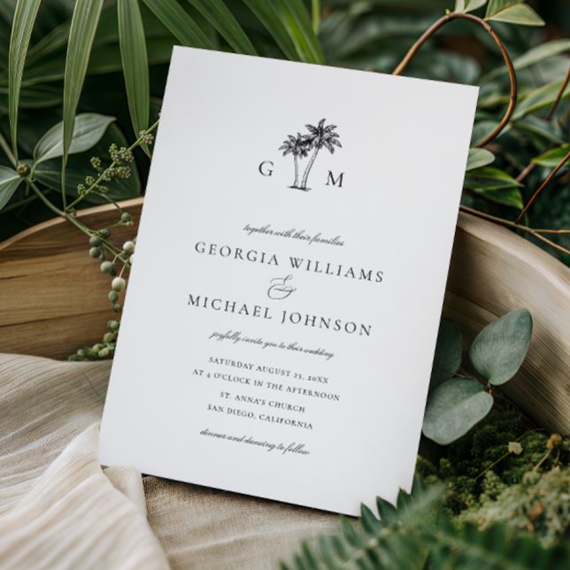 Handflatan Monogram Tropical Destination Wedding Inbjudningar (Skapare uppladdad)
