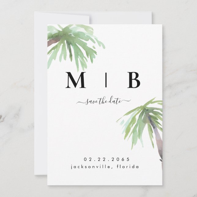 Handflatan Monogram Tropical White Bröllop spara d Spara Datumet (Framsida)