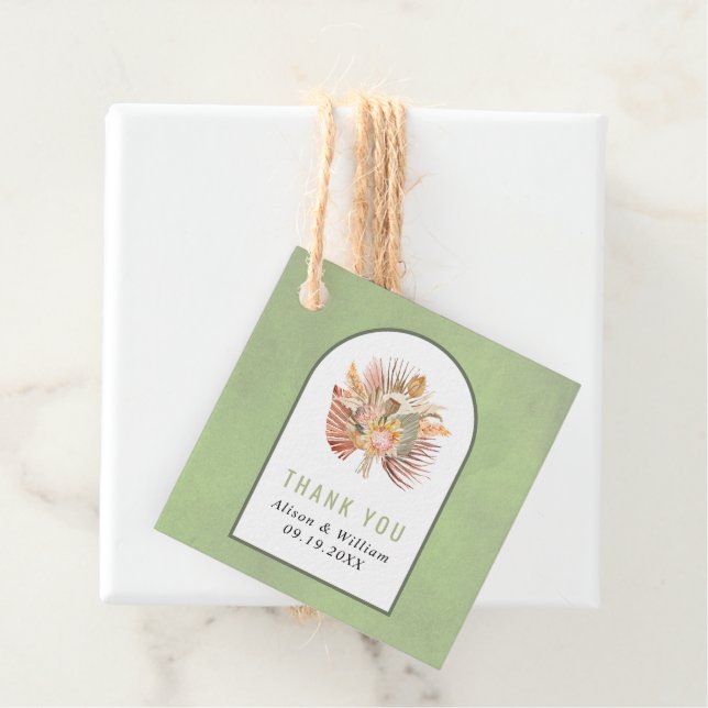 Handflatan, pampasgräs grönt bröllop gåvor etiketter (På plats)