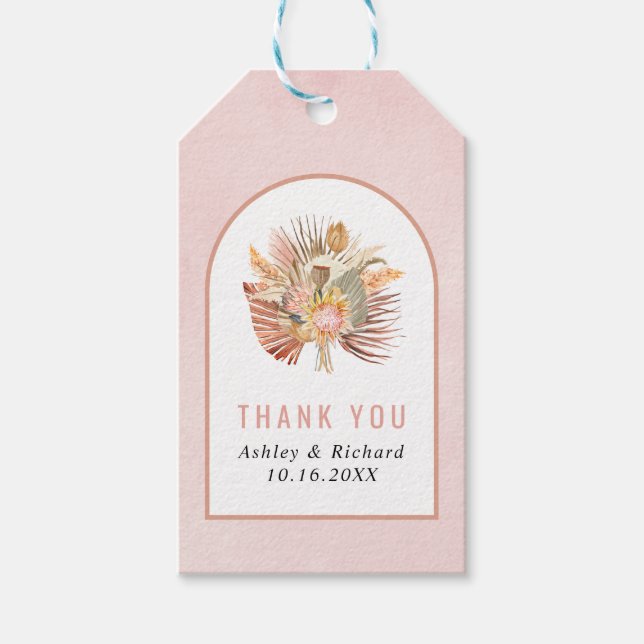 Handflatan, pampasgräs mjuk rosa bröllop presentetikett (Framsidan)