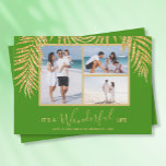 Handflatan Photo Collage Helgdagskorts Julkort<br><div class="desc">Tre foton som accentueras med faux guld glitter handflatan fronds på en grönt under julen (se mer färg i vår butik), dessa julkort för helgdag har "Det är ett underbart liv", eller vilket hälsning du än väljer, och din namn på grunden med chic. Välj Projektionsyta för tyngsta pappra och HD...</div>