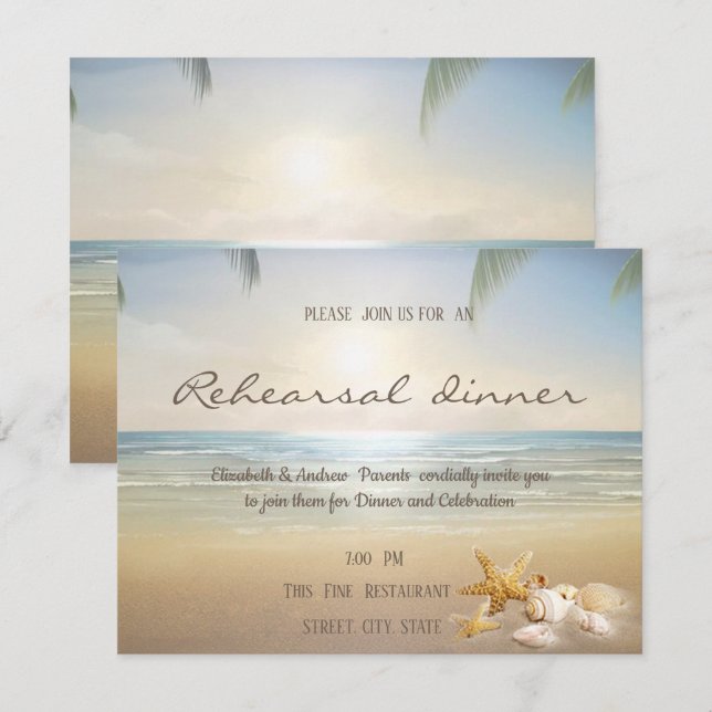 Handflatan Sunset Beach Seashells Rehearsal Dinner Inbjudningar (Fram/baksida)