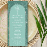 Handflatan Träd Aqua Beach Wedding Meny<br><div class="desc">Vit illustration av handflatan löv över akvariets grönt över mönster med vit text och handflatan träd över akvariet med brant gräns.</div>