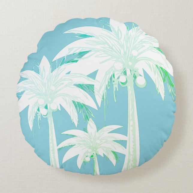 Handflatan Träd Aqua Blue Summer Grönt White Tropi Rund Kudde (Framsidan)