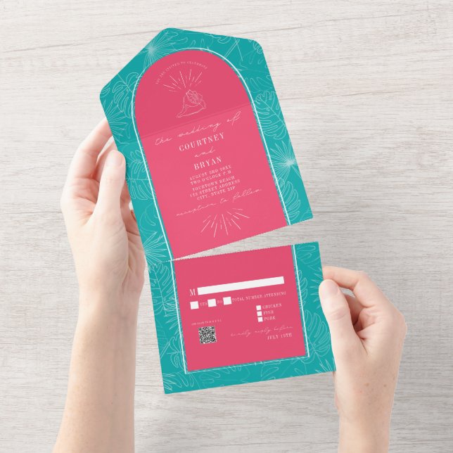 Handflatan Träd Beach Beach Rosa Blue Bröllop QR-k (Tearaway)