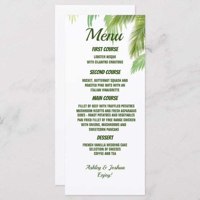 Handflatan Träd Beach Wedding Menu Meny (Fram/baksida)