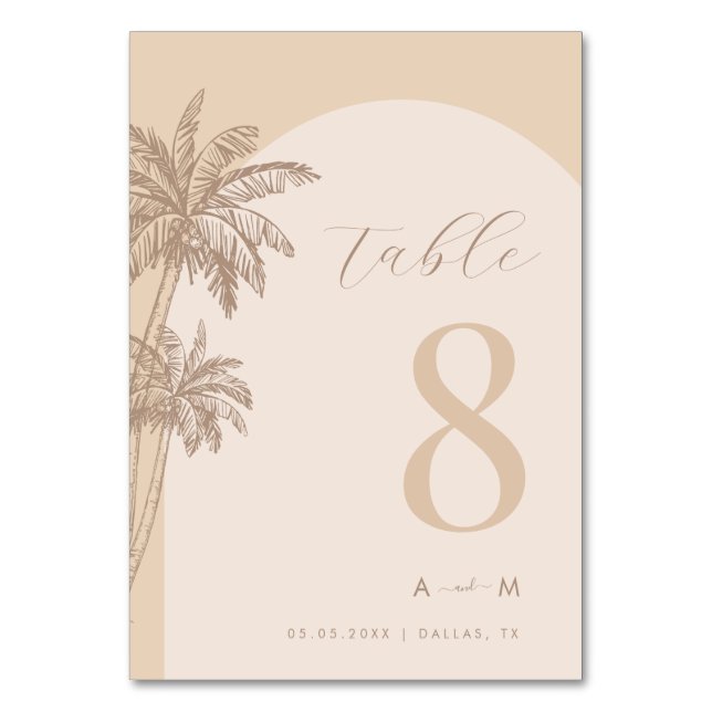 Handflatan Träd Beige skript Monogram Beach Weddin Bordsnummer (Baksidan)