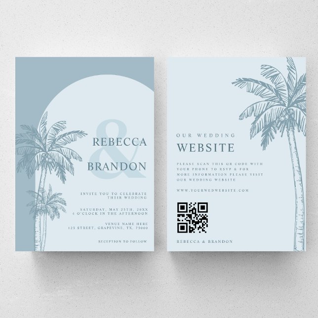 Handflatan Träd Boho Beach Dusty Blue QR Code Bröl Inbjudningar (Skapare uppladdad)