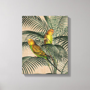 Handflatan Träd Budgerigar Parrot Rustic Hessian C Canvastryck