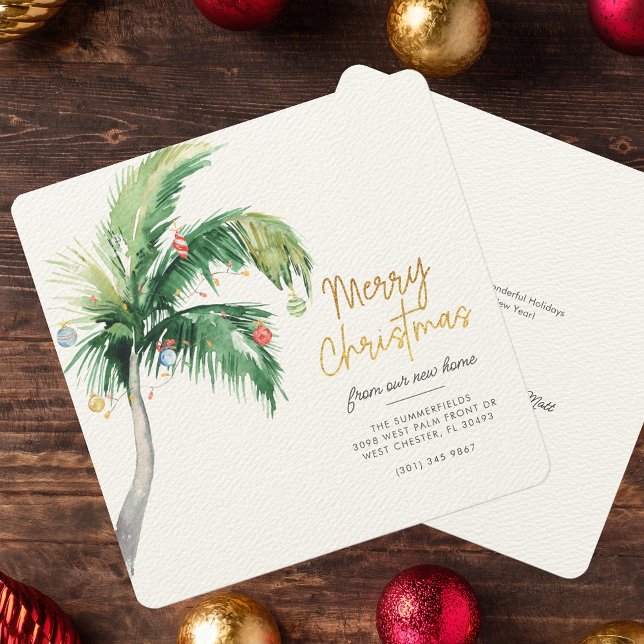 Handflatan Träd God jul från vårt nya hem Meddelande (Christmas Holiday Coastal Moving Palm Tree Announcement Luxury Card)