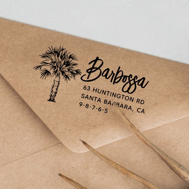 Handflatan Träd Handskriftsfamilj Namn Returadress Stämpel (Palm Tree Handwriting Family Name Return Address Rubber Stamp)