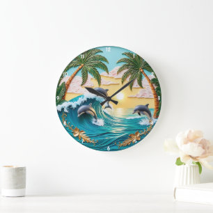 Handflatan Träd, jumping Dolphins och Ocean Sunset Stor Klocka