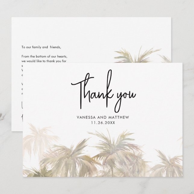 Handflatan Träd Kuststrand, utsedd av stranden Brö Tack Kort (Fram/baksida)