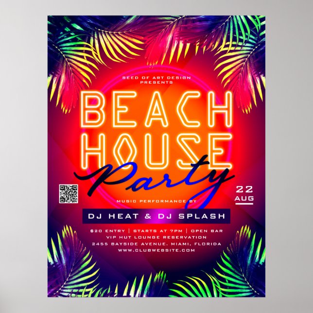 Handflatan Träd Löv Beach House Party Klubb Event  Poster (Framsidan)