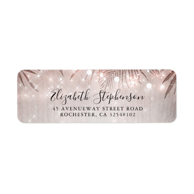 Handflatan Träd Löv och String Ljus Beach Party Returadress Etikett (Framsidan)